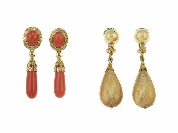Two pair of gold and coral earrings