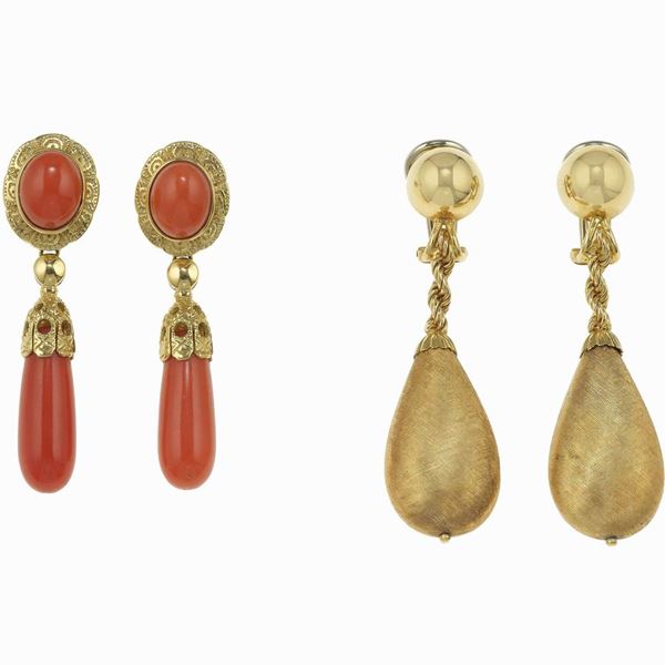 Two pair of gold and coral earrings