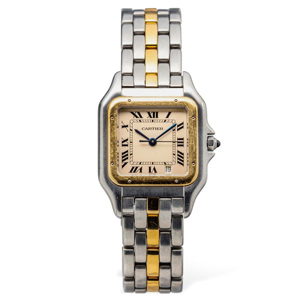 Fine ed elegante orologio da polso Panthère da donna in acciaio e oro giallo monofilo