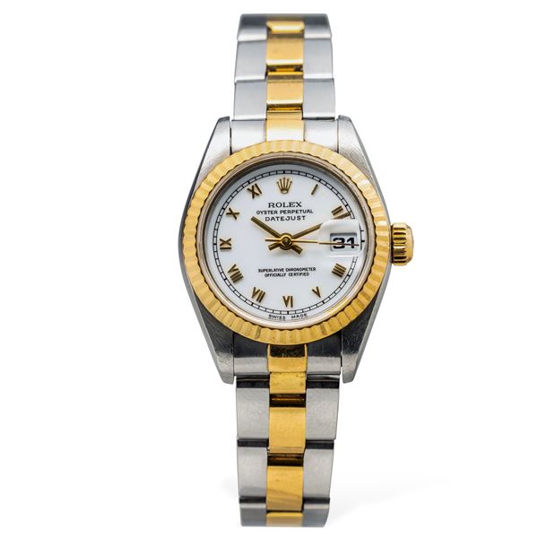 Rolex - Elegant Lady Datejust ref 69173 automatic stainless steel and gold with knurled bezel and white dial Roman numerals, sapphire crystal, Oyster bracelet