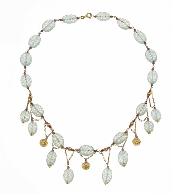 Aquamarine, ruby and gold necklace