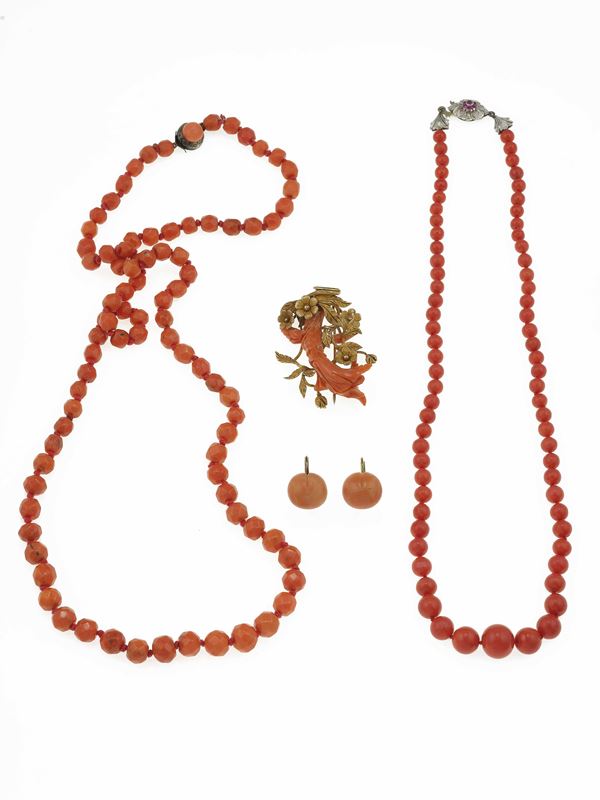 Group of coral, gold and silver jewels