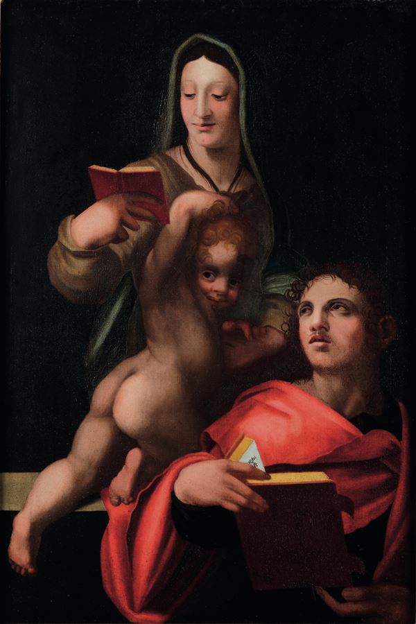 Scuola toscana del XVII secolo Madonna con Bambino e un evangelista