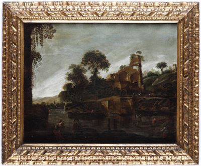 Paesaggio con Rovine e Personaggi in Riva al Fiume