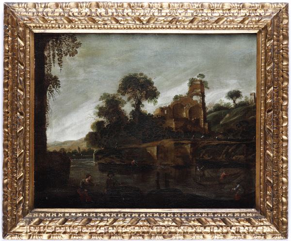 Francesco Graziani detto Ciccio Napoletano - Paesaggio con rovine e personaggi in riva al fiume