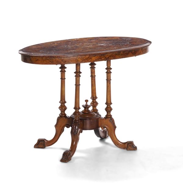 Tavolino in legno a gamba centrale e piano ovale