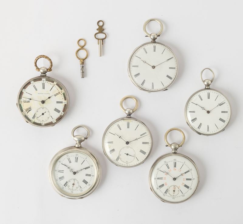Lotto di sei orologi di fine ‘800 , con carica a chiavetta.  - Auction Pocket Watches - Cambi Casa d'Aste