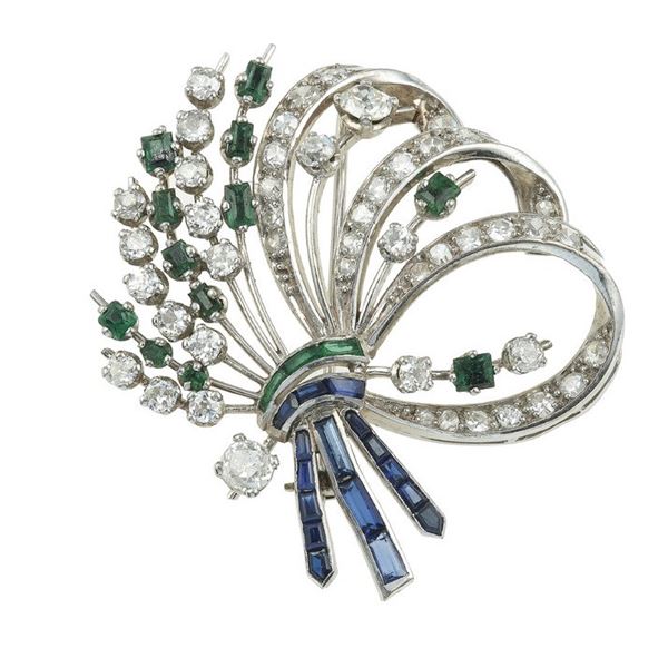 Sapphire, emerald and diamond brooch