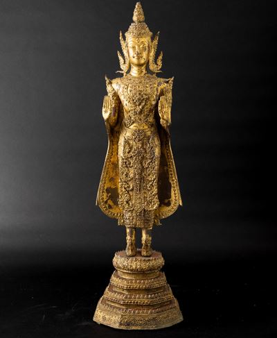 Figura di Buddha Stante in Bronzo Dorato, Thailandia, XIX Secolo