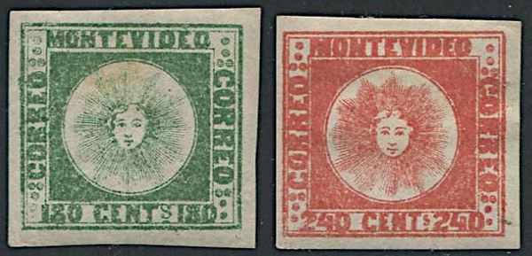1858, Uruguay, 180 cent. green and 240 cent. red