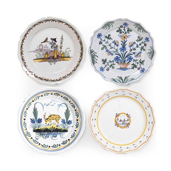 Quattro piatti. Francia, probabilmente Manifattura di Nevers, seconda metà del XVIII secolo.