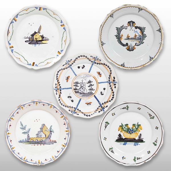 Cinque piatti Francia, Manifattura di Nevers, fine del XVIII secolo