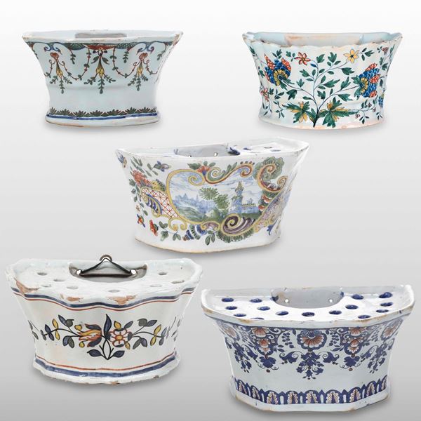 Cinque fioriere da parete Francia, Manifattura di Rouen, XVIII secolo