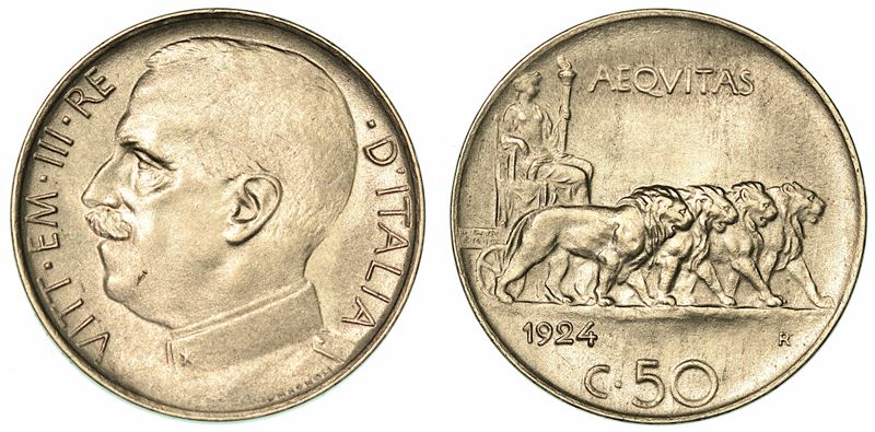 REGNO D'ITALIA. VITTORIO EMANUELE III DI SAVOIA, 1900-1946. 50 Centesimi 1924. Leoni, bordo liscio.  - Auction Numismatics - I - Cambi Casa d'Aste