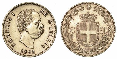 Regno D'italia. Umberto i di Savoia, 1878-1900. 50 Centesimi 1892.