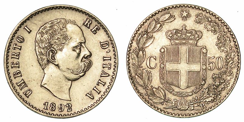 REGNO D'ITALIA. UMBERTO I DI SAVOIA, 1878-1900. 50 Centesimi 1892.  - Auction Numismatics - I - Cambi Casa d'Aste
