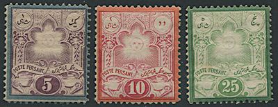 1881, Persia, 5 C. Violet, 10 Cent. Carmine, 25 C. Green