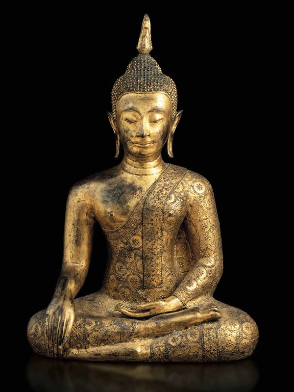 Grande figura di Buddha Sakyamuni in bronzo dorato, Thailandia, XIX secolo