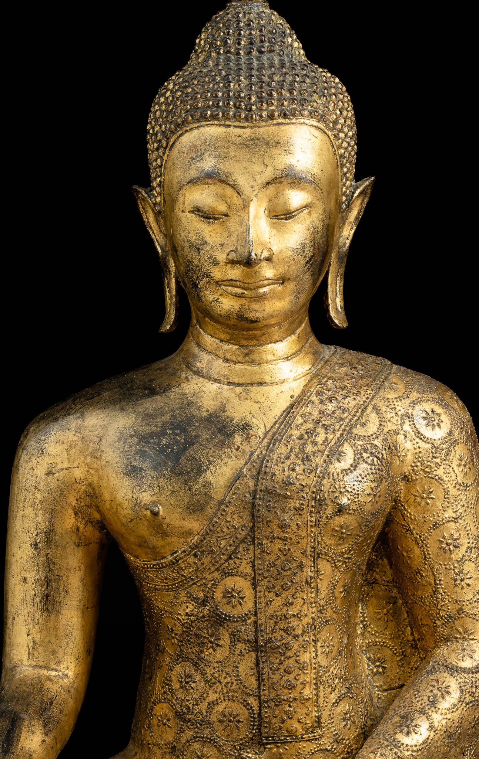 Grande Figura di Buddha Sakyamuni in Bronzo Dorato, Thailandia, XIX Secolo