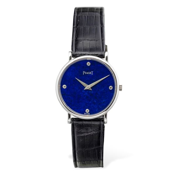 Fine evening watch in white gold lazuli lapis dial with diamonds at cardinal points, manual winding