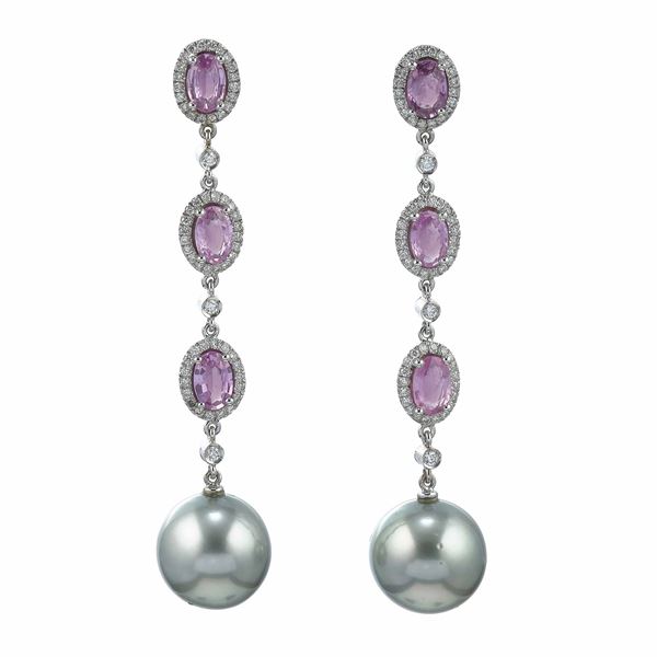 Pair of pink sapphire, diamond and cultured grey pearl earrings