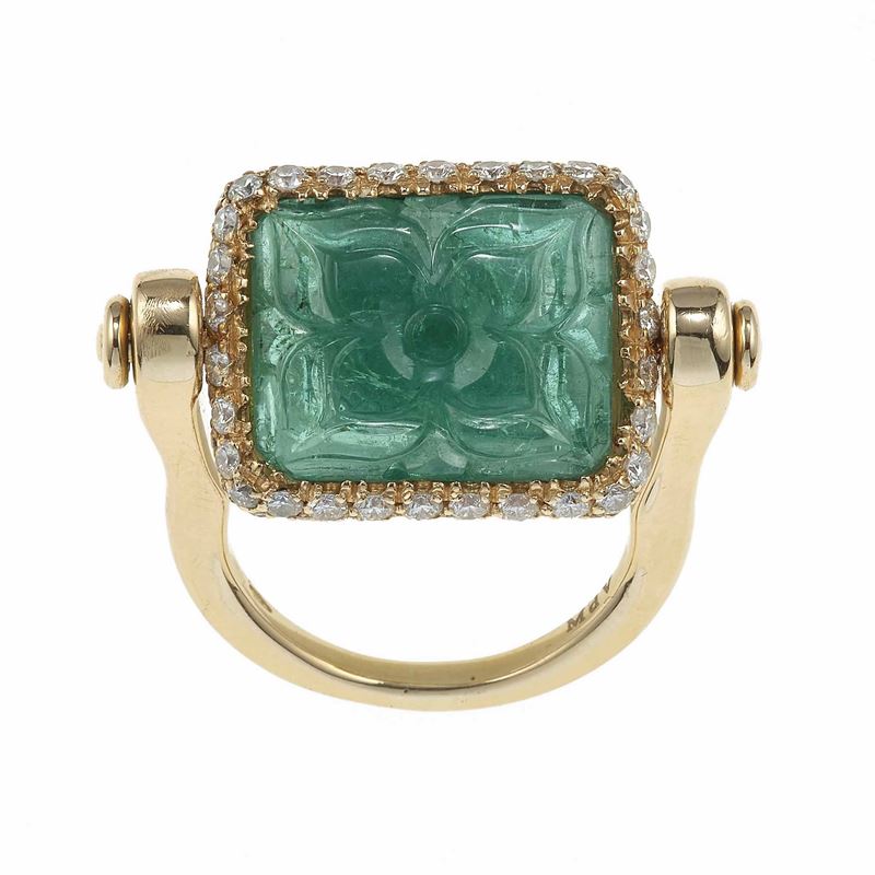 Carved emerald and diamond ring. Signed Michele Della Valle  - Auction Fine Jewels - Cambi Casa d'Aste