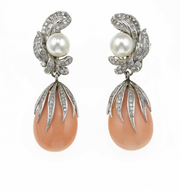 Pair of coral, diamond and pearl earrings