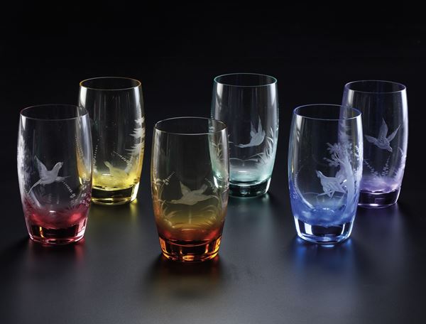 Sei bicchieri colorati Repubblica Ceca, Manifattura Moser, seconda metà del XX secolo 