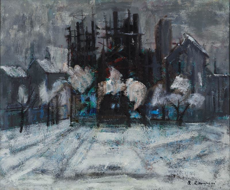 Antonia Ramponi : Neve a Milano  - olio su masonite - Auction Works from the 19th and 20th centuries - Cambi Casa d'Aste