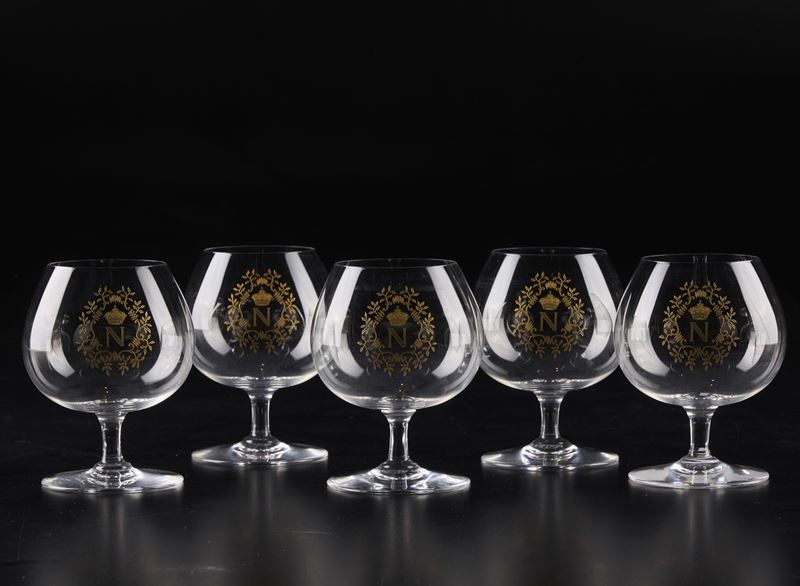 Cinque calici da cognac Francia, Manifattura Baccarat, seconda metà del XX secolo   - Asta L'Art de la Table - Cambi Casa d'Aste