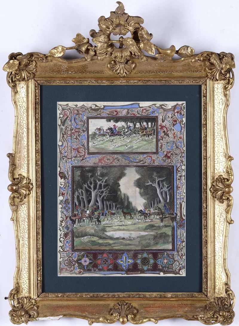 Acquerello con scene di caccia in bella cornice dorata, firmato  - Asta Dipinti del XIX-XX secolo - Cambi Casa d'Aste