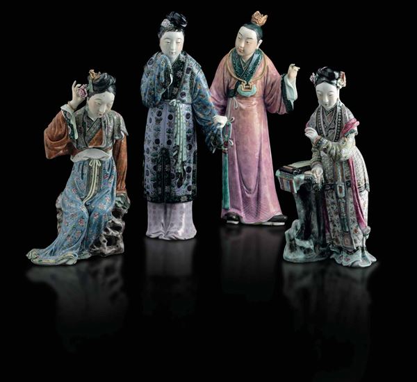 Quattro figure in porcellana raffiguranti fanciulle e saggio, Cina, Dinastia Qing, XIX secolo