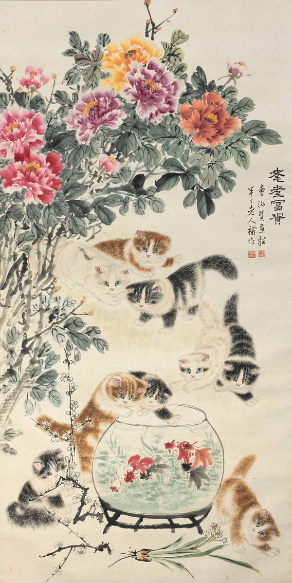 Dipinto su carta raffigurante gatti con pesci rossi fiori e iscrizioni, Cina, XX secolo