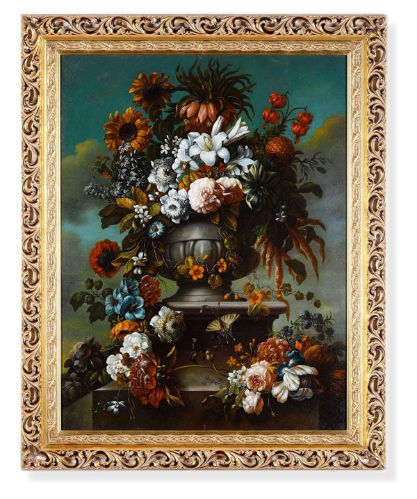 Scuola del XVIII secolo Natura morta con vaso ricolmo di fiori