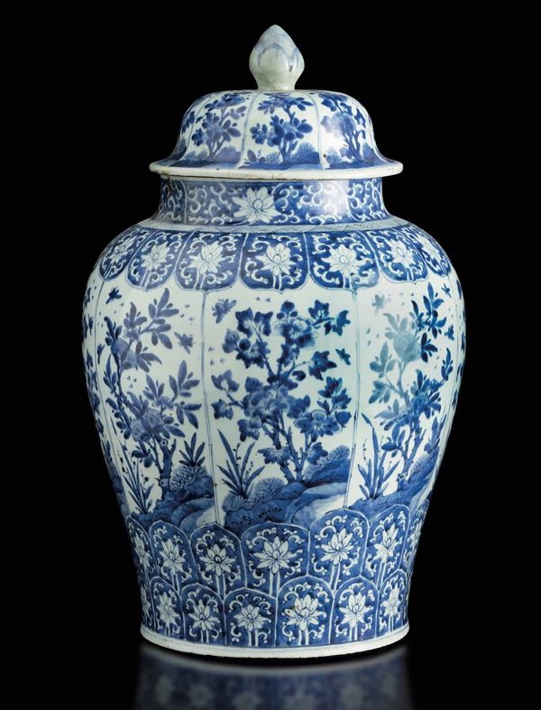Grande potiche in porcellana bianca e blu con decori floreali e soggetti naturalistici entro riserve, Cina, Dinastia Qing, epoca Kangxi (1662-1722)