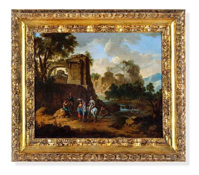 Scuola del XVII-XVIII Secolo Paesaggio Fluviale con Rovine e Contadini