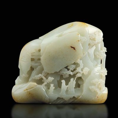 Rarissima Montagna Scolpita in Giada Bianca Celadon e Russet Raffigurante Saggi Entro Paesaggio e...