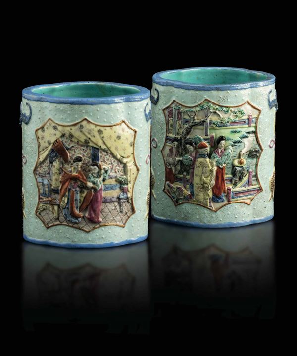 Two porcelain brushpots, China, Qing Dynasty
