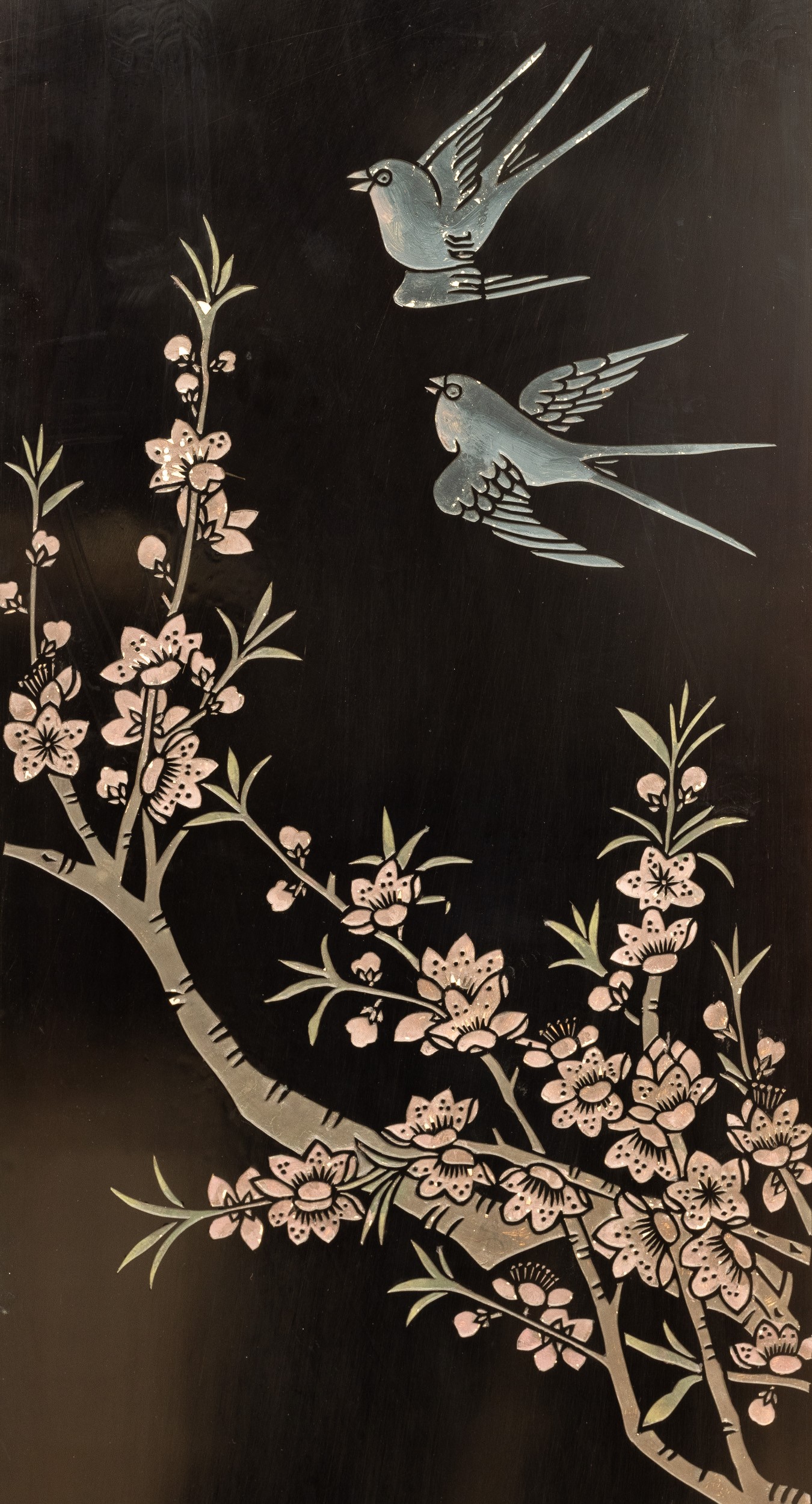 Paravento a Sei Ante in Legno Laccato con Scene di Vita Comune e Innesti in Giada e Pietre Dure, ...