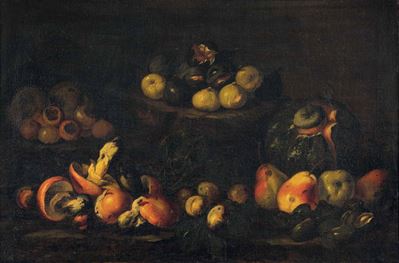 Scuola del XVII Secolo Nature Morte con Frutti e Funghi