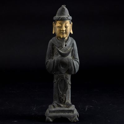 Figura di Saggio Stante in Bronzo Parzialmente Dorato a Freddo, Cina, Dinastia Ming, XVII Secolo