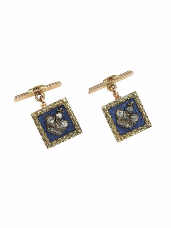 Pair of enamel, diamond and low-karat gold cufflinks. Signed Fabergé and workmaster Henrik Wigström's mark