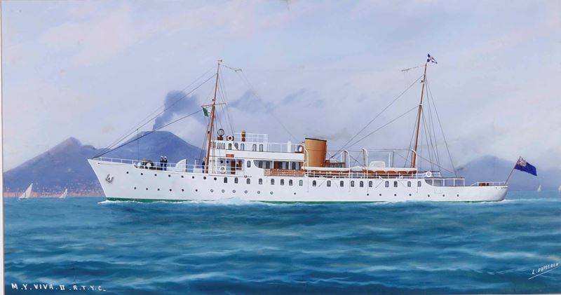 Luca Papaluca : Ritratto del Motor Yacht Viva II nel golfo di Napoli  - Gouache - Asta Dipinti del XIX e XX secolo - Cambi Casa d'Aste