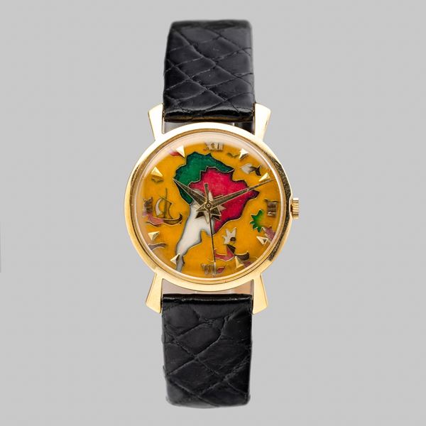 Jaeger-LeCoultre - Elegant and rare watch with Cloisonnè dial handmade representing the continent of South America on yellow background, 18k yellow gold shaped case, manual winding, accompanied by box and extract from the Archives