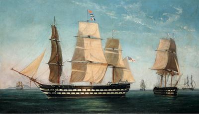 Scuola del XIX secolo, Marina con velieri, olio su tela