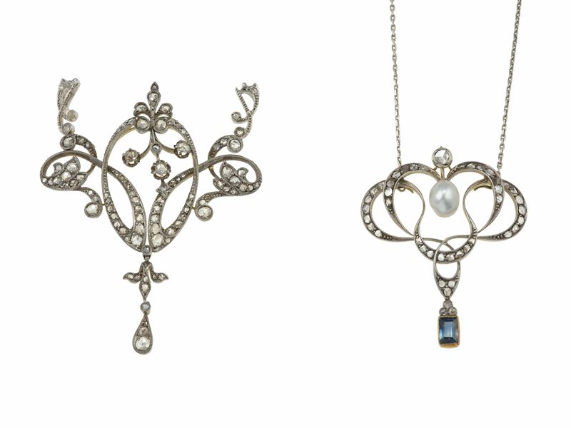 Due pendenti con perla e rosette di diamante  - Asta Gioielli - Cambi Casa d'Aste