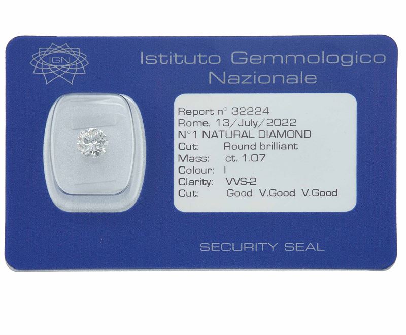 Diamante taglio brillante di ct 1.07, colore I, caratteristiche interne VVS2, fluorescenza UV nulla  - Asta Fine Jewels - Cambi Casa d'Aste