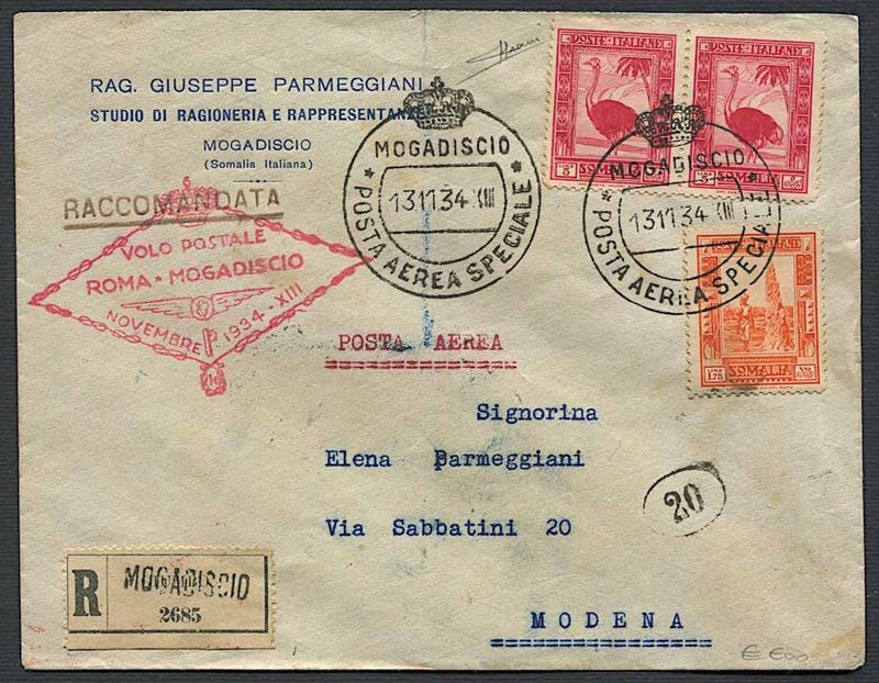 1934, “Volo Mogadiscio/Roma”, raccomandata per Modena del 13 novembre 1934  - Auction Postal History and Philately - Cambi Casa d'Aste