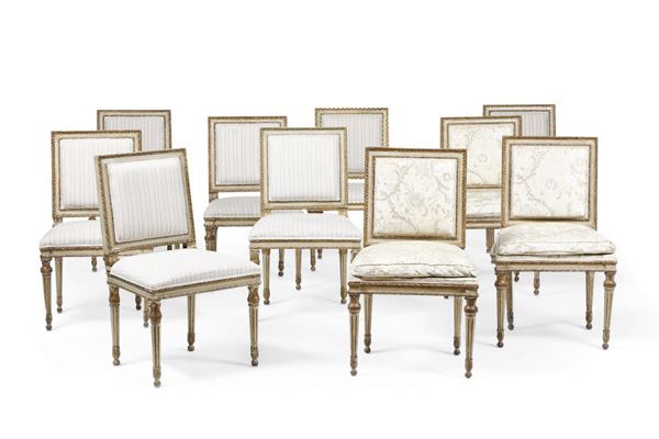 Lotto di 12 sedie in legno intagliato, laccato e dorato. XVIII-XIX-secolo