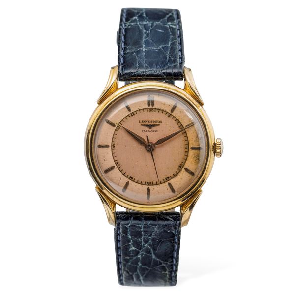 Elegant and rare 18k rose gold watch with helical "Fancy" lugs, Salmon bitonal dial, made for the French  [..]